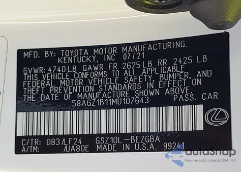 2021 Lexus Es 350 F Sport from USA, damaged, VIN 58AGZ1B11MU107643